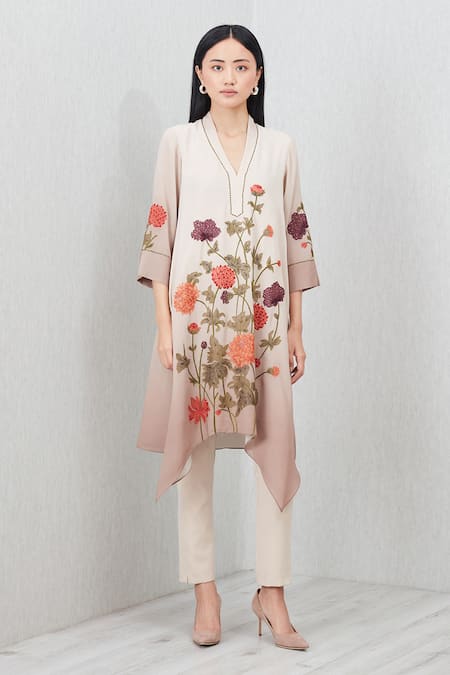 Shop_RANNA GILL_Beige Embroidery Split V-neck Azara Floral Pattern Tunic_Online_at_Aza_Fashions