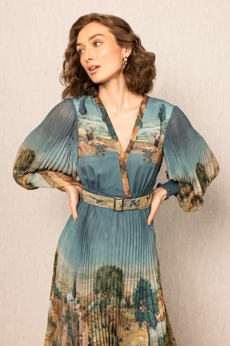 RANNA GILL_Multi Color Polyester, Chiffon V-neck Evora Pleated Dress_Online_at_Aza_Fashions
