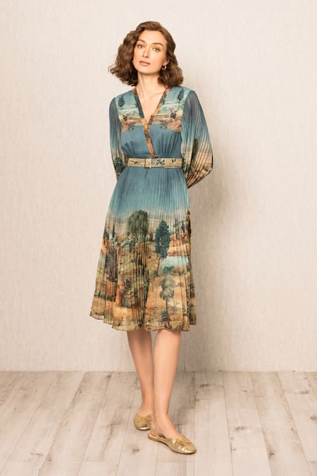 Buy_RANNA GILL_Multi Color Polyester, Chiffon V-neck Evora Pleated Dress_Online_at_Aza_Fashions