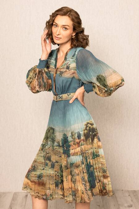 RANNA GILL_Multi Color Polyester, Chiffon V-neck Evora Pleated Dress_at_Aza_Fashions