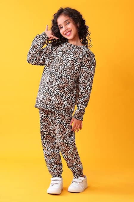 Anthrilo Brown Fleece Leopard Pattern Sweatshirt And Joggers Set 