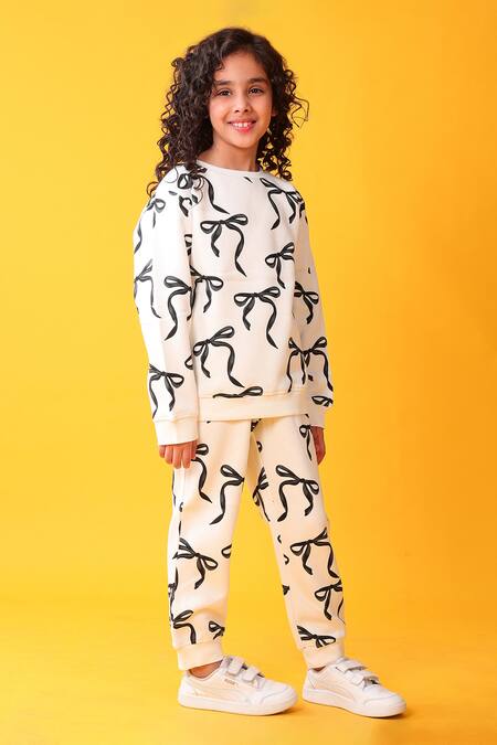 Shop_Anthrilo_White Fleece Bow Pattern Sweatshirt And Joggers Set_Online_at_Aza_Fashions