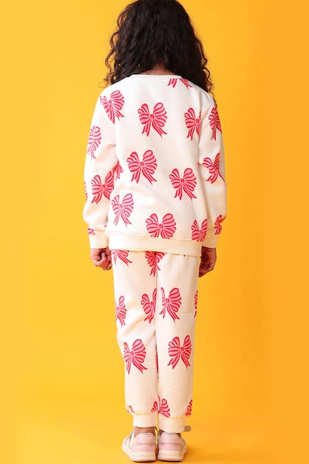 Shop_Anthrilo_White Fleece Bow Pattern Sweatshirt And Joggers Set_at_Aza_Fashions