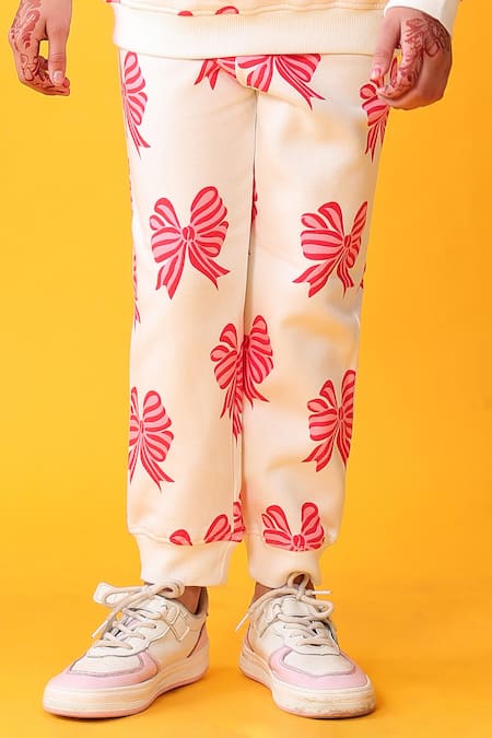 Shop_Anthrilo_White Fleece Bow Pattern Sweatshirt And Joggers Set_Online_at_Aza_Fashions