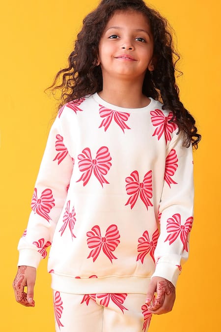 Buy_Anthrilo_White Fleece Bow Pattern Sweatshirt And Joggers Set