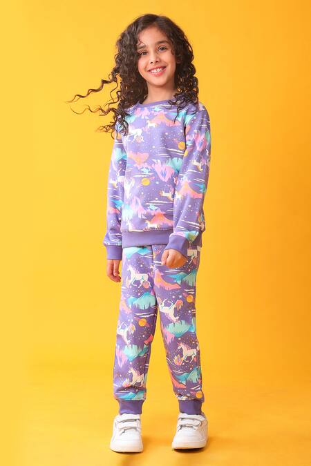 Anthrilo_Purple Fleece Unicorn Pattern Sweatshirt And Joggers Set_Online_at_Aza_Fashions