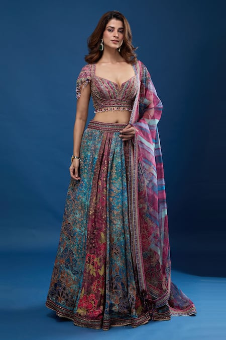 Tarun Tahiliani Pink Embroidery, Beads Notched Neck Floral Pattern Lehenga Set