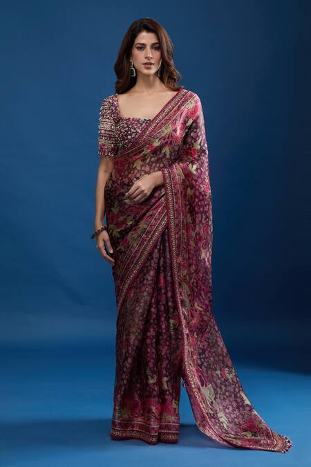 Tarun Tahiliani_Purple Beads Square Neck Floral Pattern Saree Set _Online_at_Aza_Fashions