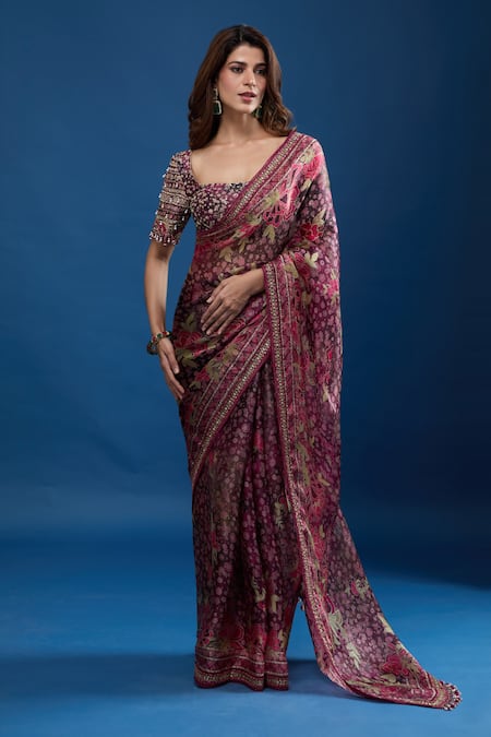 Buy_Tarun Tahiliani_Purple Beads Square Neck Floral Pattern Saree Set _Online_at_Aza_Fashions