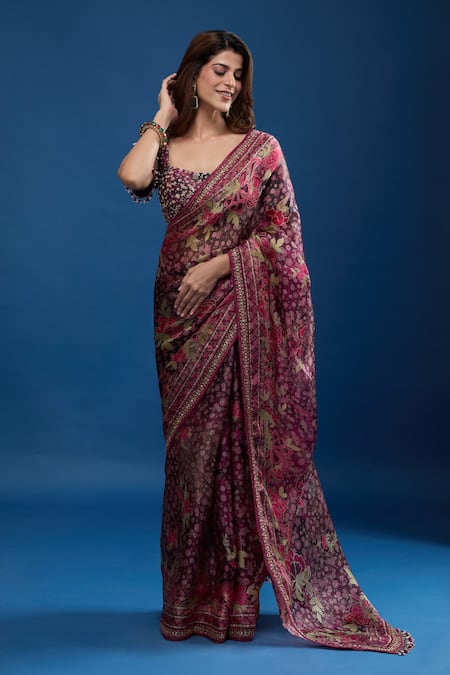 Shop_Tarun Tahiliani_Purple Beads Square Neck Floral Pattern Saree Set _Online_at_Aza_Fashions