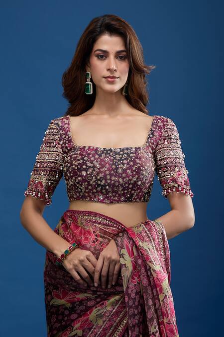 Tarun Tahiliani_Purple Beads Square Neck Floral Pattern Saree Set _at_Aza_Fashions