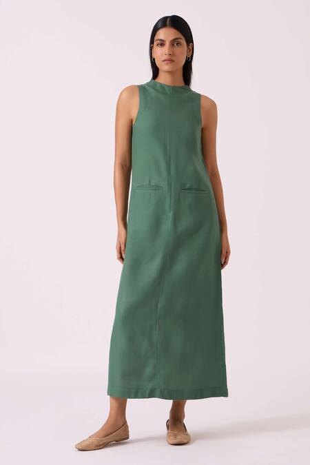 The Summer House Green Linen Round Neck Pierre Dress at Aza Fashions The Summer House_Green Linen Round Neck Pierre Dress _at_Aza_Fashions
