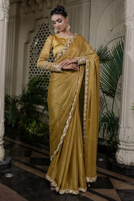 Farha Syed Yellow Tissue, Chiffon, Silk, Satin Pearls, Hand Embroidered Saree And Blouse Set 