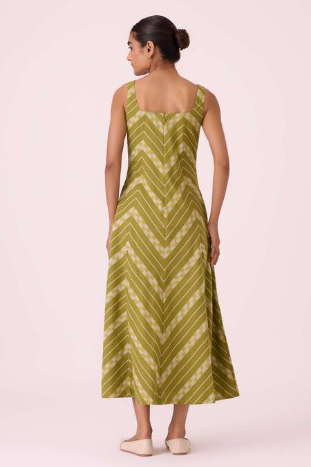 Shop The Summer House Green Cotton Square Neck Zosima Striped Ikat Dress at Aza Fashions Shop_The Summer House_Green Cotton Square Neck Zosima Striped Ikat Dress_at_Aza_Fashions