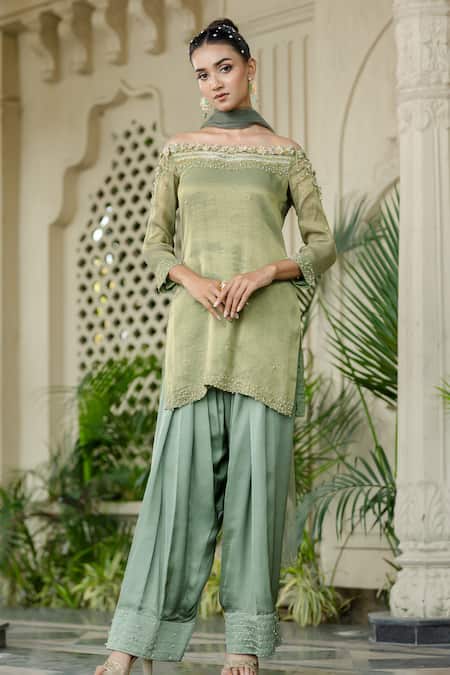 Farha Syed Green Chiffon, Silk, Tulle Embroidery, Pearls Kurta Farshi Shalwar Set