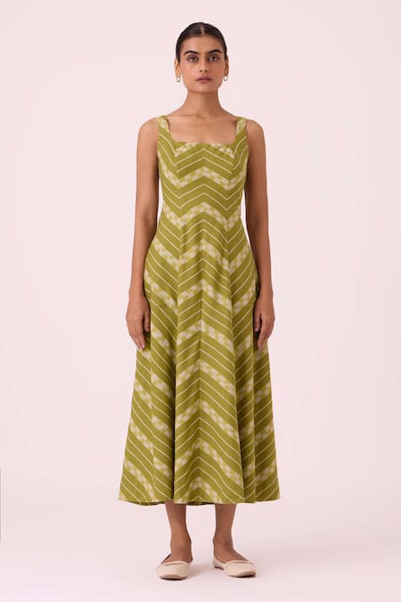The Summer House Green Cotton Square Neck Zosima Striped Ikat Dress Online at Aza Fashions The Summer House_Green Cotton Square Neck Zosima Striped Ikat Dress_Online_at_Aza_Fashions