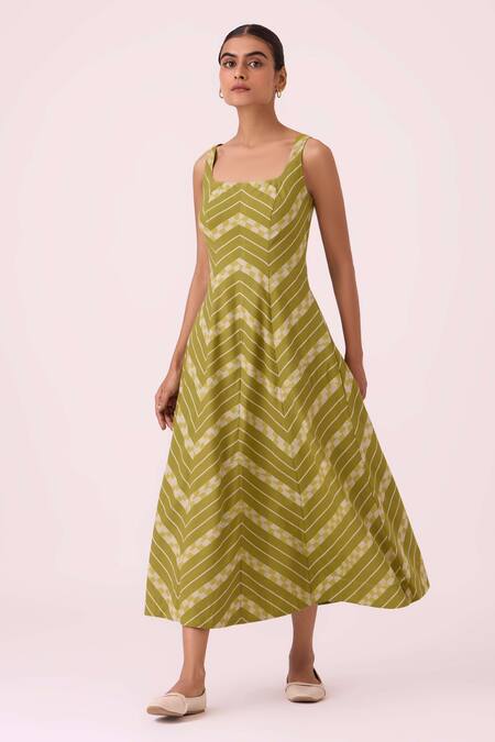 Buy The Summer House Green Cotton Square Neck Zosima Striped Ikat Dress Online at Aza Fashions Buy_The Summer House_Green Cotton Square Neck Zosima Striped Ikat Dress_Online_at_Aza_Fashions