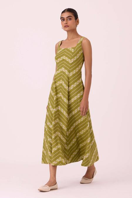 Shop The Summer House Green Cotton Square Neck Zosima Striped Ikat Dress Online at Aza Fashions Shop_The Summer House_Green Cotton Square Neck Zosima Striped Ikat Dress_Online_at_Aza_Fashions
