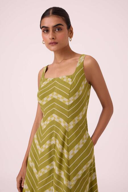 The Summer House Green Cotton Square Neck Zosima Striped Ikat Dress at Aza Fashions The Summer House_Green Cotton Square Neck Zosima Striped Ikat Dress_at_Aza_Fashions