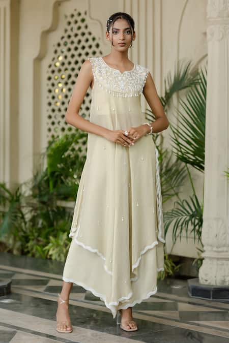 Farha Syed Ivory Tissue, Chiffon, Silk, Satin Pearls, Beige Hand Embroidered Kurta Set 