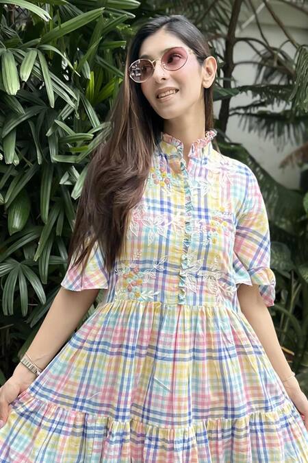 Vaani Beswal Multi Color Applique Nimbu Handwoven Cotton Dress Online at Aza Fashions Vaani Beswal_Multi Color Applique Nimbu Handwoven Cotton Dress _Online_at_Aza_Fashions