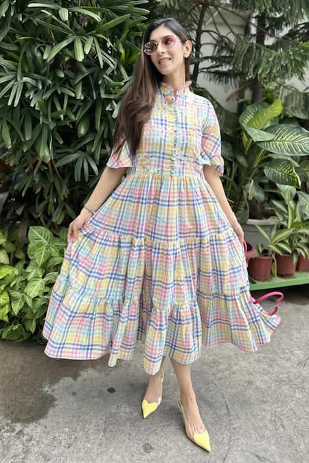 Buy Vaani Beswal Multi Color Applique Nimbu Handwoven Cotton Dress Online at Aza Fashions Buy_Vaani Beswal_Multi Color Applique Nimbu Handwoven Cotton Dress _Online_at_Aza_Fashions