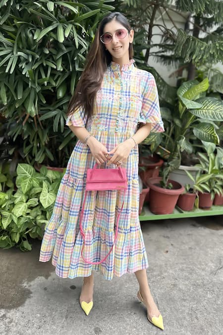 Shop Vaani Beswal Multi Color Applique Nimbu Handwoven Cotton Dress at Aza Fashions Shop_Vaani Beswal_Multi Color Applique Nimbu Handwoven Cotton Dress _at_Aza_Fashions