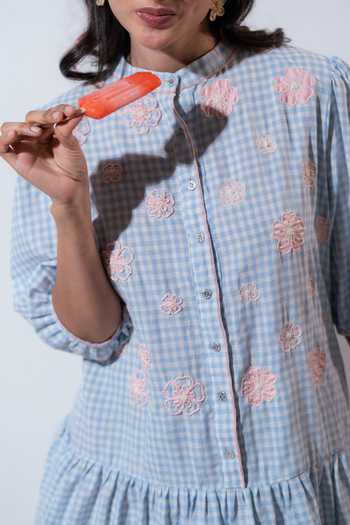 Vaani Beswal Blue Applique Collared Whimsy Handwoven Cotton Dress Online at Aza Fashions Vaani Beswal_Blue Applique Collared Whimsy Handwoven Cotton Dress _Online_at_Aza_Fashions