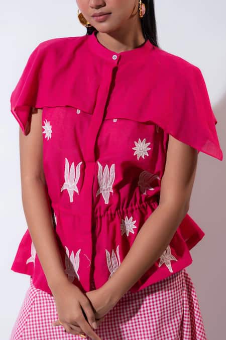 Vaani Beswal_Pink Handloom , Embroidery Round Neck Hopscotch Chequered Skirt Set _Online_at_Aza_Fashions