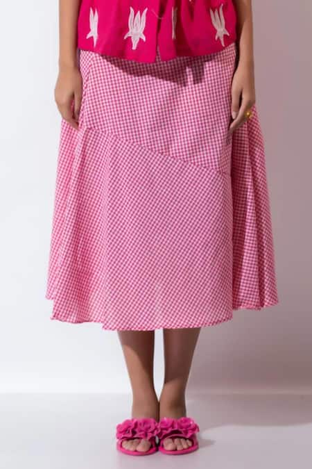 Buy_Vaani Beswal_Pink Handloom , Embroidery Round Neck Hopscotch Chequered Skirt Set _Online_at_Aza_Fashions