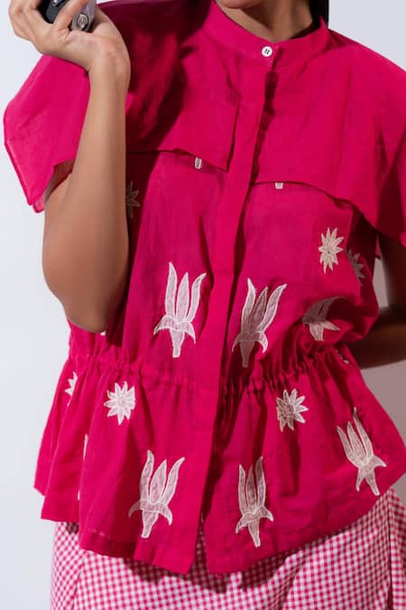 Shop_Vaani Beswal_Pink Handloom , Embroidery Round Neck Hopscotch Chequered Skirt Set _Online_at_Aza_Fashions