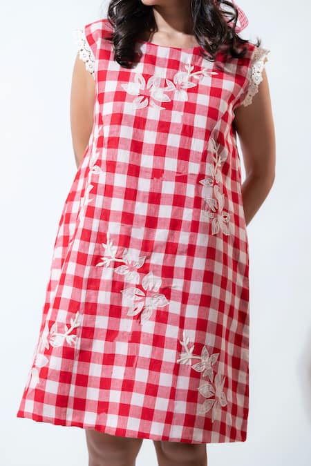 Buy_Vaani Beswal_Red Embroidery Round Neck Skye Chequered Dress _Online_at_Aza_Fashions