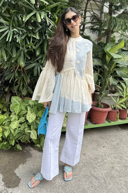 Buy_Vaani Beswal_Blue Applique Round Neck Spy Handwoven Cotton Top _Online_at_Aza_Fashions