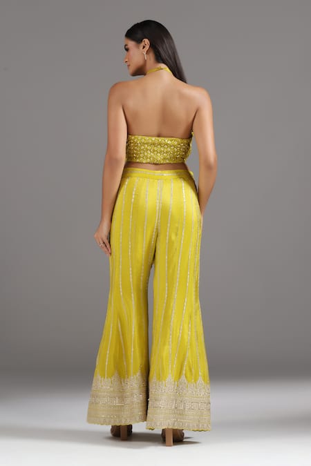 Shop_Two Sisters By Gyans_Yellow Silk Sequins, Zari Halter Neck Embroidered Blouse With Sharara _at_Aza_Fashions