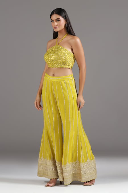 Buy_Two Sisters By Gyans_Yellow Silk Sequins, Zari Halter Neck Embroidered Blouse With Sharara 