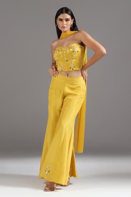 Two Sisters By Gyans_Yellow Tissue, Net Sequins, Embroidery Sweetheart Neck Corset And Sharara Set _Online_at_Aza_Fashions