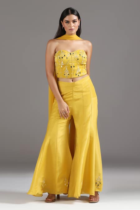Two Sisters By Gyans Yellow Tissue, Net Sequins, Embroidery Sweetheart Neck Corset And Sharara Set 
