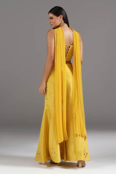 Shop_Two Sisters By Gyans_Yellow Tissue, Net Sequins, Embroidery Sweetheart Neck Corset And Sharara Set _at_Aza_Fashions