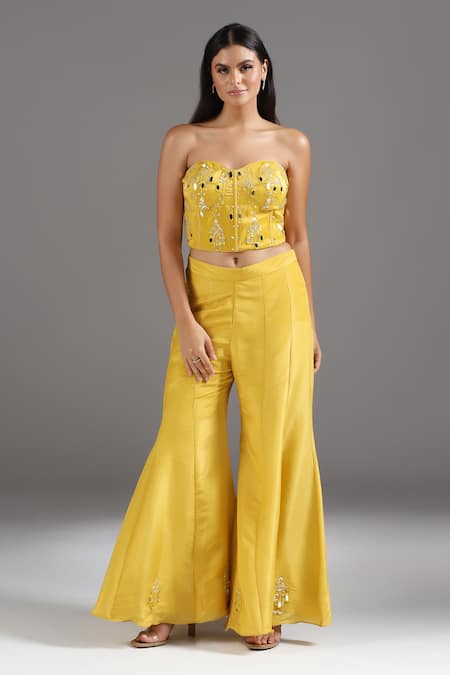 Buy_Two Sisters By Gyans_Yellow Tissue, Net Sequins, Embroidery Sweetheart Neck Corset And Sharara Set _Online_at_Aza_Fashions