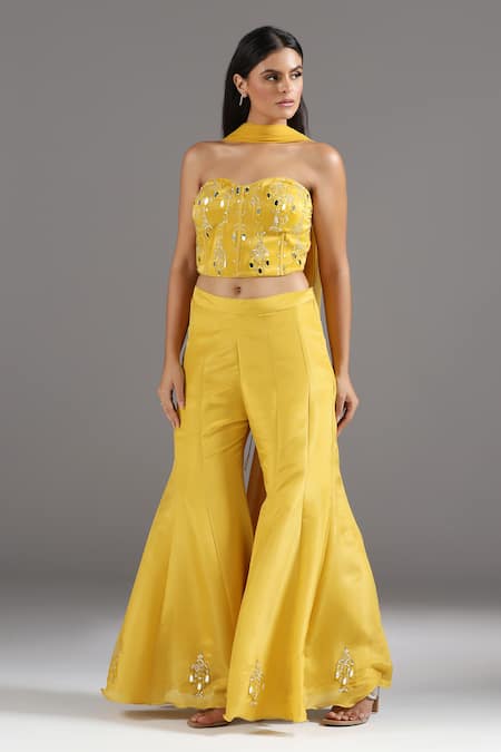 Shop_Two Sisters By Gyans_Yellow Tissue, Net Sequins, Embroidery Sweetheart Neck Corset And Sharara Set _Online_at_Aza_Fashions