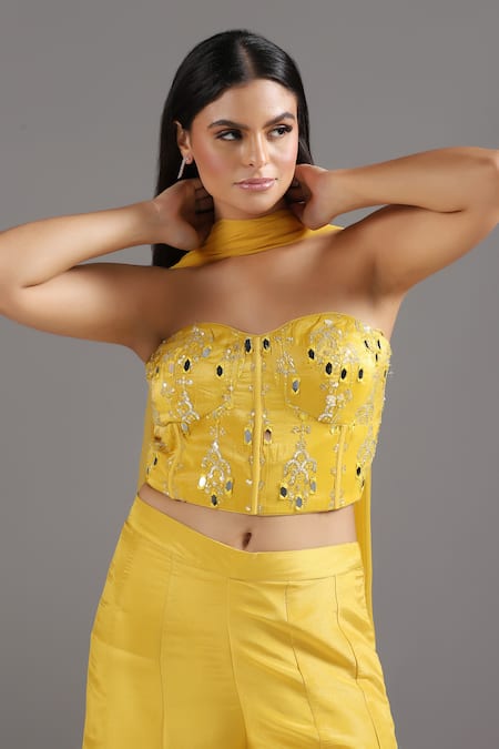 Buy_Two Sisters By Gyans_Yellow Tissue, Net Sequins, Embroidery Sweetheart Neck Corset And Sharara Set 