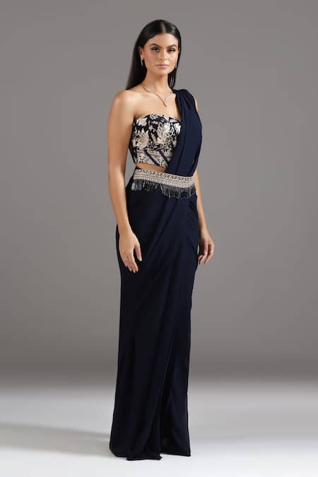 Two Sisters By Gyans_Blue Georgette Sequins, Floral Embroidered Blouse And Pre-draped Saree Set _Online_at_Aza_Fashions