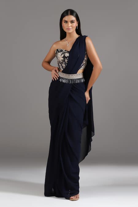Two Sisters By Gyans Blue Georgette Sequins, Floral Embroidered Blouse And Pre-draped Saree Set 