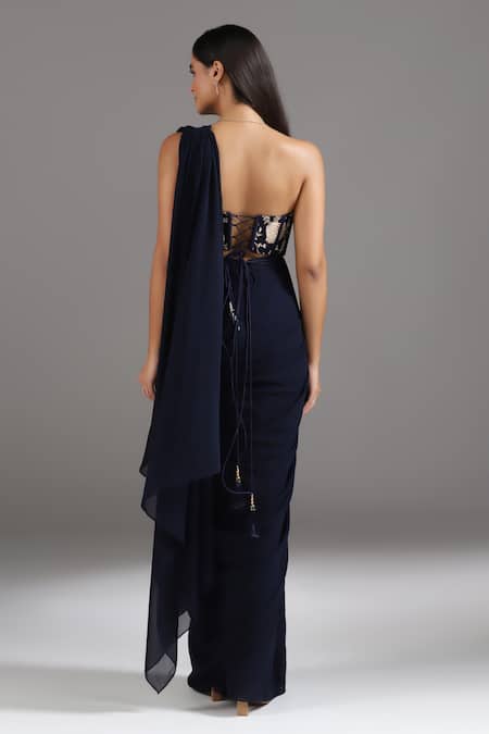 Shop_Two Sisters By Gyans_Blue Georgette Sequins, Floral Embroidered Blouse And Pre-draped Saree Set _at_Aza_Fashions