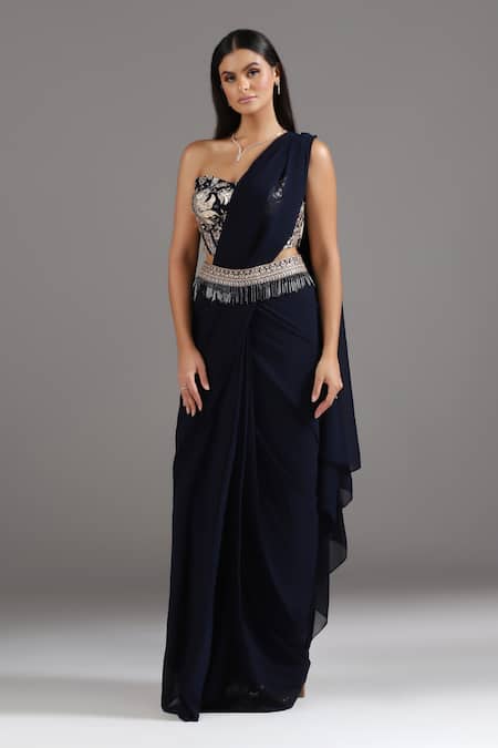 Buy_Two Sisters By Gyans_Blue Georgette Sequins, Floral Embroidered Blouse And Pre-draped Saree Set _Online_at_Aza_Fashions