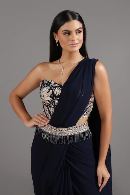 Shop_Two Sisters By Gyans_Blue Georgette Sequins, Floral Embroidered Blouse And Pre-draped Saree Set _Online_at_Aza_Fashions