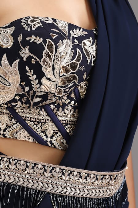 Buy_Two Sisters By Gyans_Blue Georgette Sequins, Floral Embroidered Blouse And Pre-draped Saree Set 