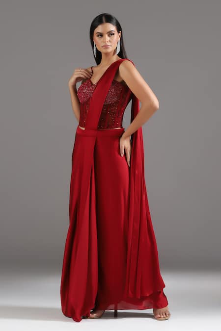 Two Sisters By Gyans_Red Georgette, Satin, Net Sequins, Cut Embellished Corset With Pre-draped Saree _Online_at_Aza_Fashions