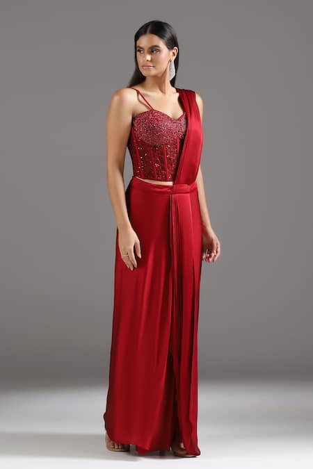 Buy_Two Sisters By Gyans_Red Georgette, Satin, Net Sequins, Cut Embellished Corset With Pre-draped Saree _Online_at_Aza_Fashions