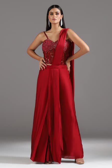 Shop_Two Sisters By Gyans_Red Georgette, Satin, Net Sequins, Cut Embellished Corset With Pre-draped Saree _Online_at_Aza_Fashions